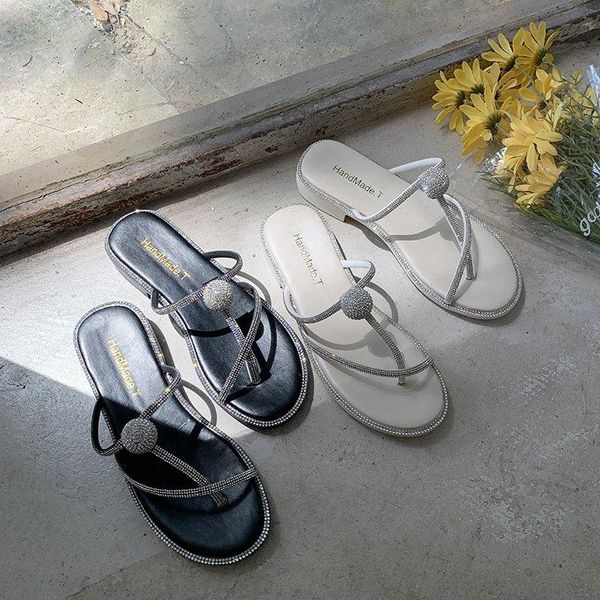 

female shoes slippers flat rubber flip flops glitter slides fashion low 2021 hawaiian summer jelly luxury crystal pu basic, Black