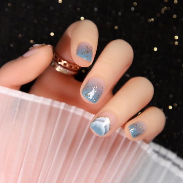 

false nails 24pcs shell pearl shimmering powder dusty blue hill full cover fake patch summer fresh detachable wearable finished, Red;gold