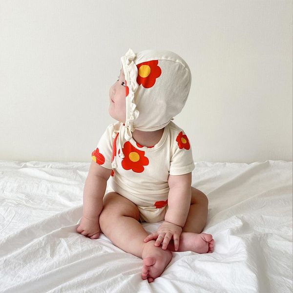 

rompers baby girl summer cute little red flower bodysuit infant girls clothes born cotton short sleeve printing jumpsuit with hat, Blue