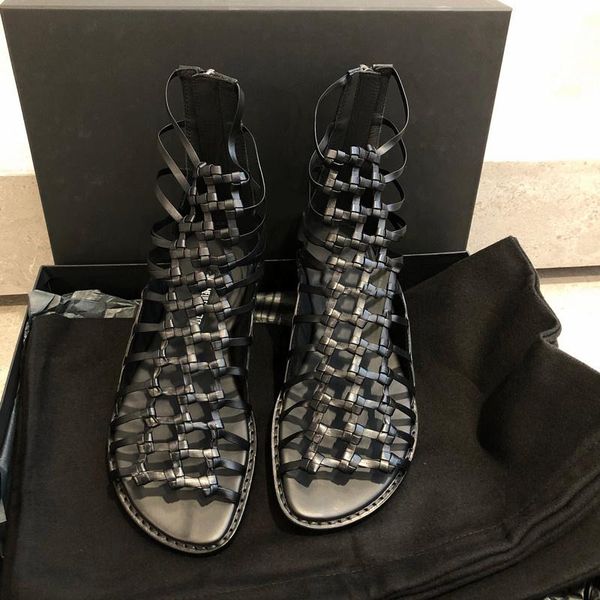 

sandals women flats summer shoes trend woven flat roman soft leather hollow short boots gladiator sandalias, Black