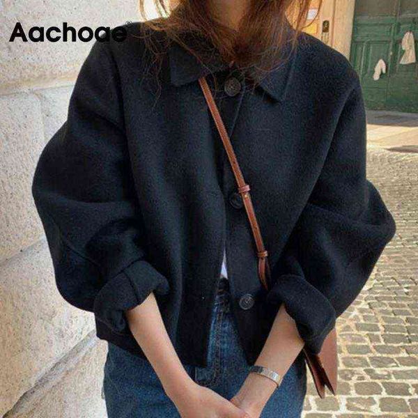 

aachoae autumn winter women elegant solid color wool coats chic turn down collar long sleeve coat female chic outerwear 211118, Black