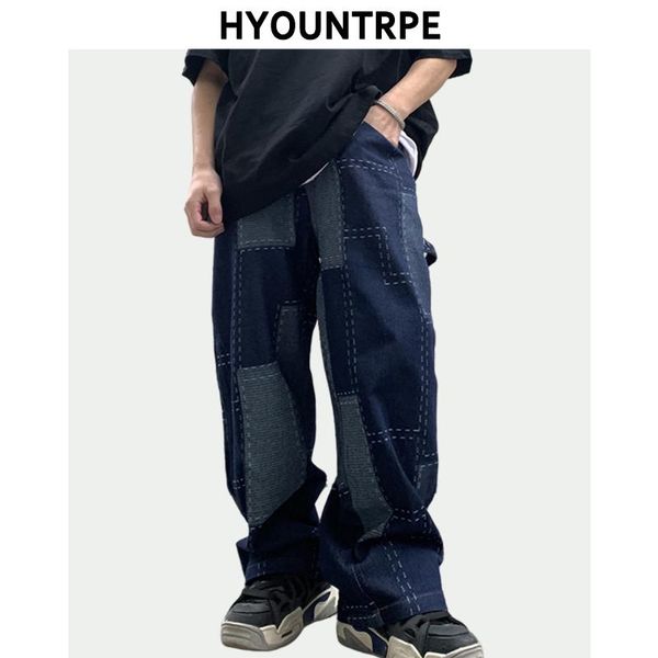 

men's jeans mens high street denim pants casual loose straight fashion harajuku printed hip hop streetwear wide legs joggers, Blue