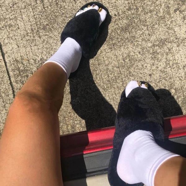 

slippers autumn winter furry fashion women home faux fur warm shoes woman slip on flats female flip flops, Black