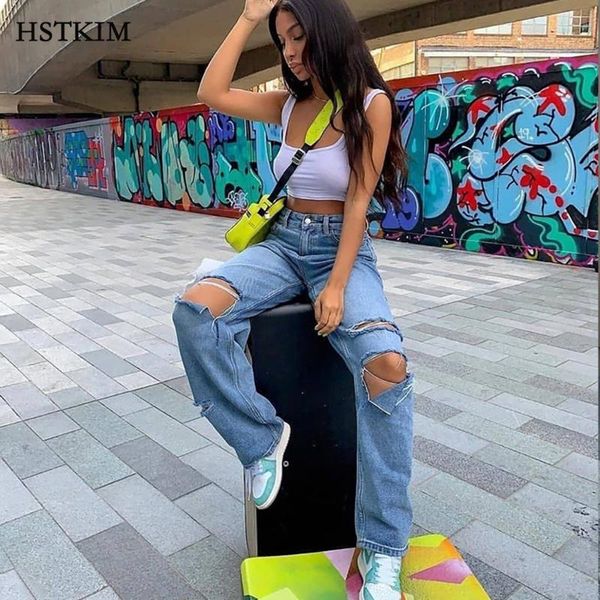 

women's jeans women 2021 high waist cargo loose hole denim pants clothes blue streetwear casual vintage straight wide leg trousers