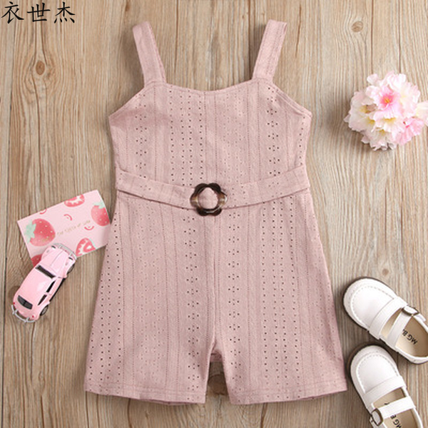 

2022 summer cool and comfortable girls pure color hollow textured sling jumpsuit new childrens wear, White