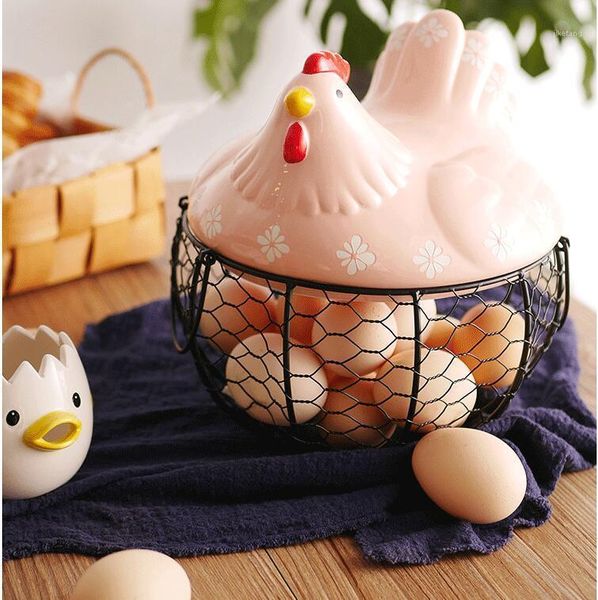

storage bottles & jars european ceramic chicken cover metal egg basket ornaments home kitchen refrigerator box household tableware
