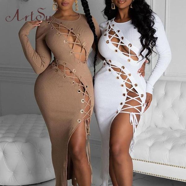 

casual dresses hollow out female autumn knitting maxi dress fashion club bandage ribbing white black long sleeve party, Black;gray