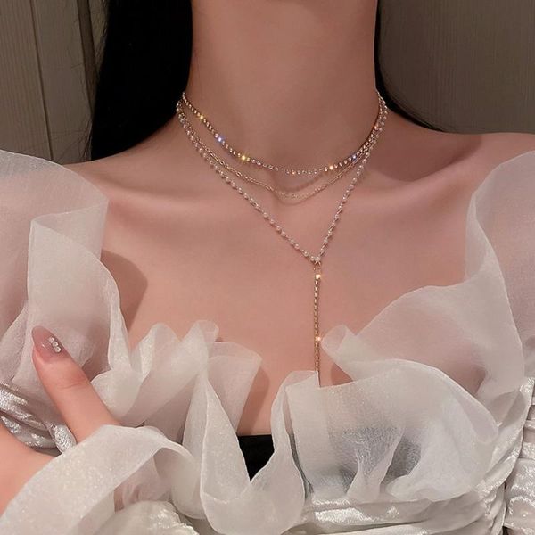 

chains 1pc classic luxury multi-layered diamond pearl necklace y-shaped design long tassel rhinestone, Silver
