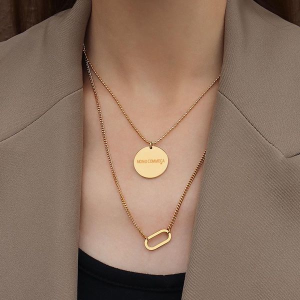 

pendant necklaces titanium steel necklace female lucky big round geometric oval clavicle chain double stack for womens birthday gift, Silver