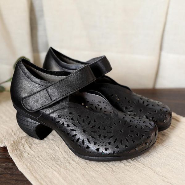 

dress shoes tayunxing handmade genuine leather med heel hollow pumps personality retro comfort women's sandals g238-091, Black