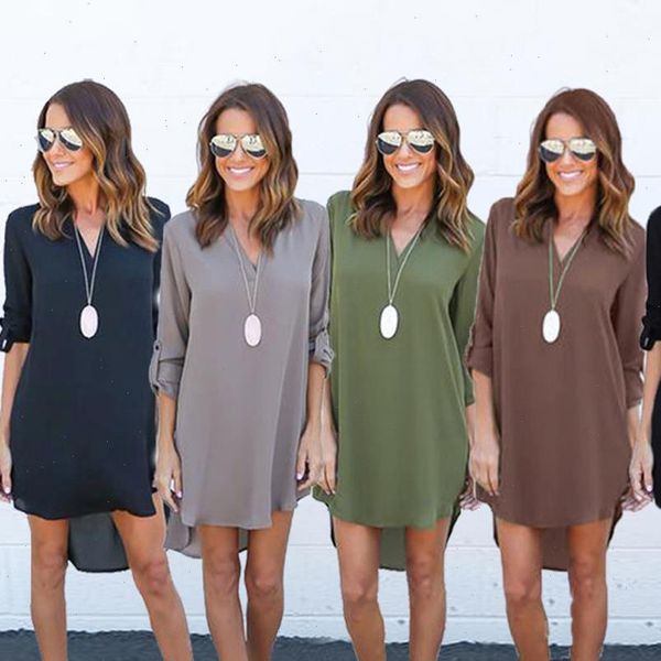 

women dress autumn oversized v neck chiffon long sleeves irregular casual solid vestidos plus size, Black;gray