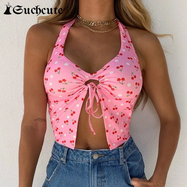 

women's tanks & camis summer skinny halter crop for women cherry print tie up beach vacation wear tank kawaii camisole a, White