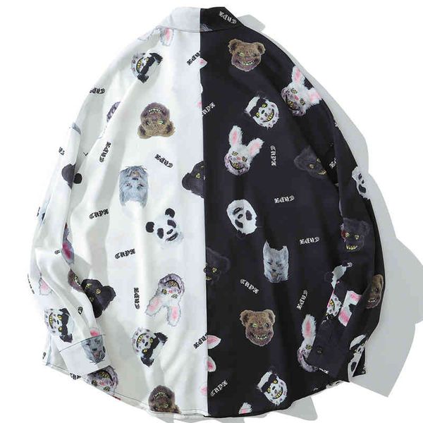 

polos bear pattern print hawaiian shirts men summer beach holiday casual long sleeve shirt fashion harajuku blouse 2ip5, White;black