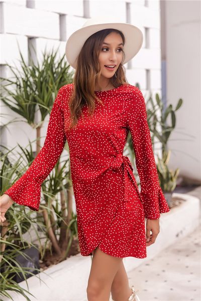 

women irregular dress flare sleeve wave point red skirt, White