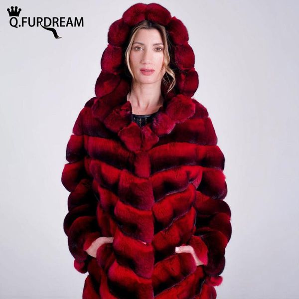 

women's fur & faux q.furdream woman long  natural rex coat diagonal stripe jackat winter thick warm clothing hat sleeveless, Black