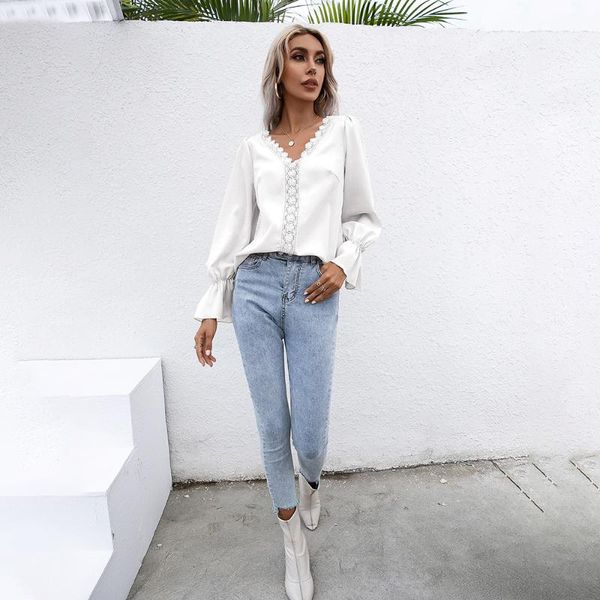 

women's blouses & shirts 2021 autumn elegant flare sleeve women solid v-neck hollow out office lady white shirt fashion casual long