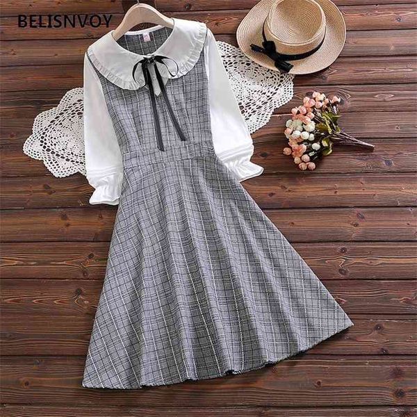 

preppy style spring autumn women cute dress patchwork plaid vestidos kawaii ribbon elegant mujer 210520, Black;gray