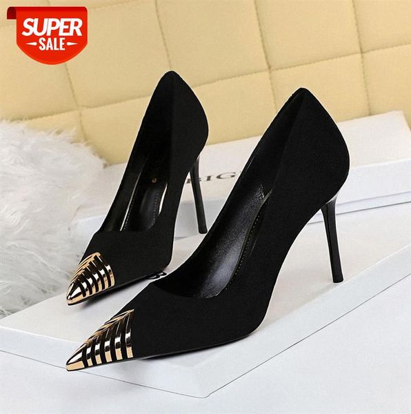 

6826-13 european and american style fashion nightclub stiletto high heels suede shallow metal pointed toe single shoes #sr1v