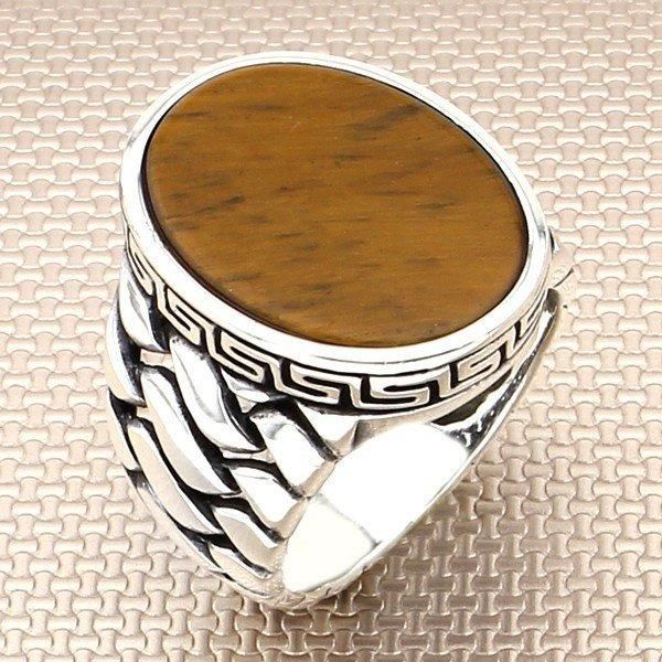 

oval brown tiger eye stone silver ring vintage men with chain motif made in turkey solid 925 sterling cluster rings, Golden;silver