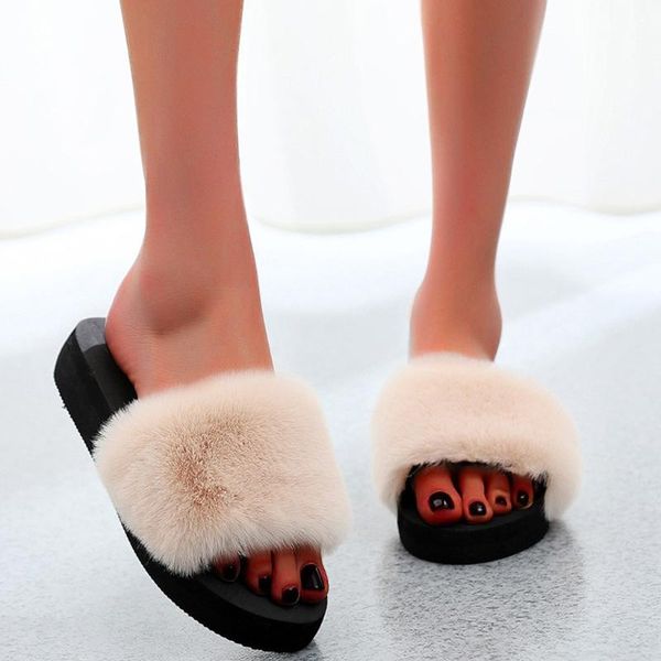 

slippers akexiya 2021 women home furry floor platform shoes open toe flat lady winter outdoor indoor, Black