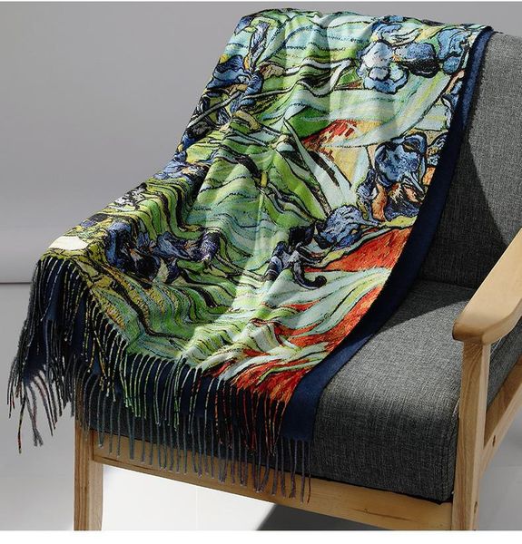 

scarves brand designer warm long cashmere-like pashmina double faces ladies oil painted wraps luxury women shawl winter, Blue;gray