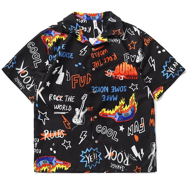 

harajuku print men's fashion short sleeve hawaiian shirt japanese retro loose casual beach shirts summer clothing, White;black
