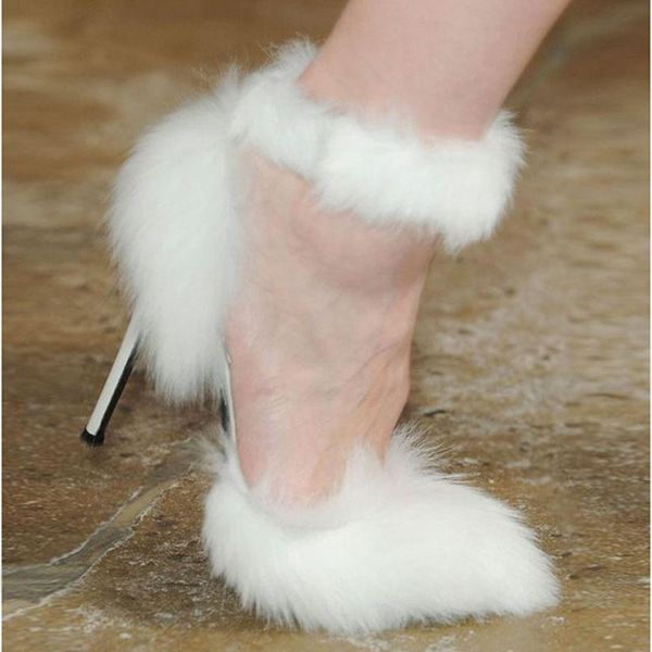 

dress shoes street fashion white fur high heels summer gladiator sandals ladies pointed toe ankle strap elastic band runway, Black