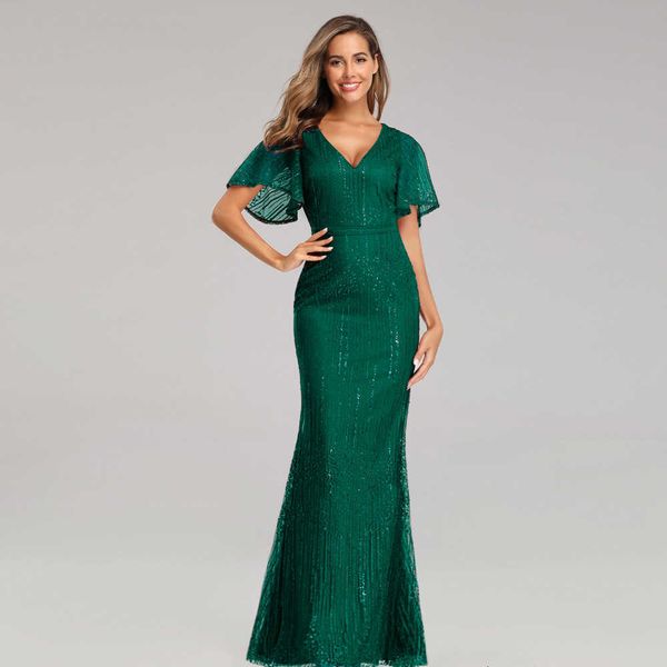 

luxury party evening dress v-neck bag hip lotus leaf sleeve mermaid evening solid dign drs, Black