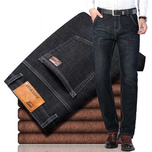 

men's jeans 2021 winter warm fleece men's black thick stretch denim jean straight brand cotton pants men large size 40, Blue