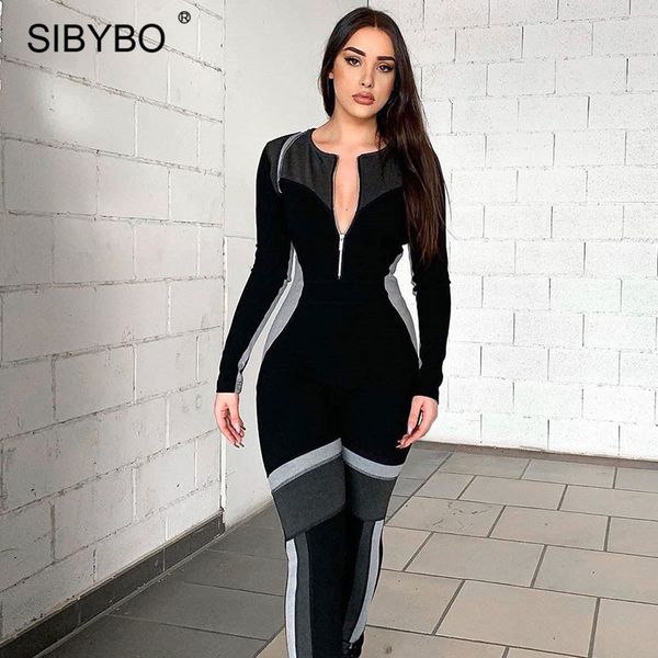 

sibybo autumn women patchwork jumpsuit women rib knitted long sleeve zipper rompers jumpsuits stretchy sportswear overalls, Black;white