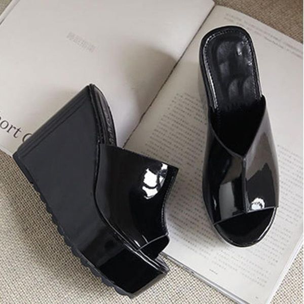 

ins ladies pumps solid slip on open toe platform sandals women wedges casual concise outside shoes woman dress, Black