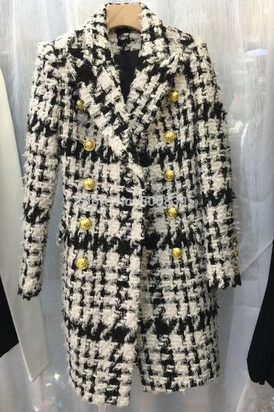 

women's trench coats [elfstyle] - white black checked tweed coat lapel collar double breasted front sides pockets woman fall winter, Tan;black
