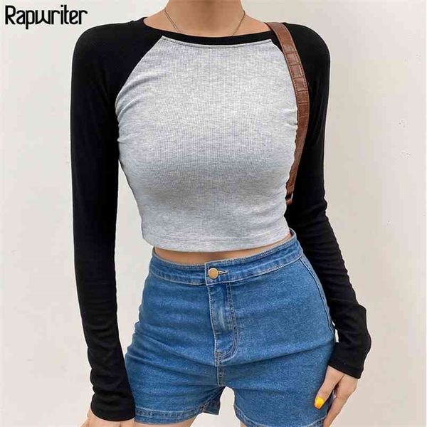 

contrast color ribbed y2k aesthetic harajuku crop women fall o-neck long sleeve casual basic t shirt femme 210510, White