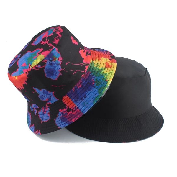 

double-sided wear cap visor rainbow color bucket hat men women cotton flat sun hats reversible sun tie dye fisherman hat, Blue;gray