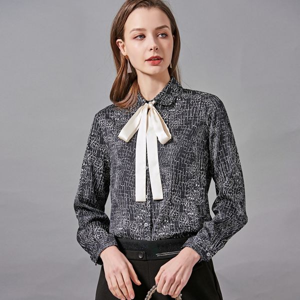 

100% silk women's shirt turn down collar long sleeves lace up bow printed color block fashion casual blouse, White