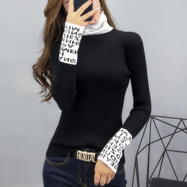 

women's sweaters plush thick knit all-match bottoming ladies sweater temperament half high neck letter printing autumn winter, White;black
