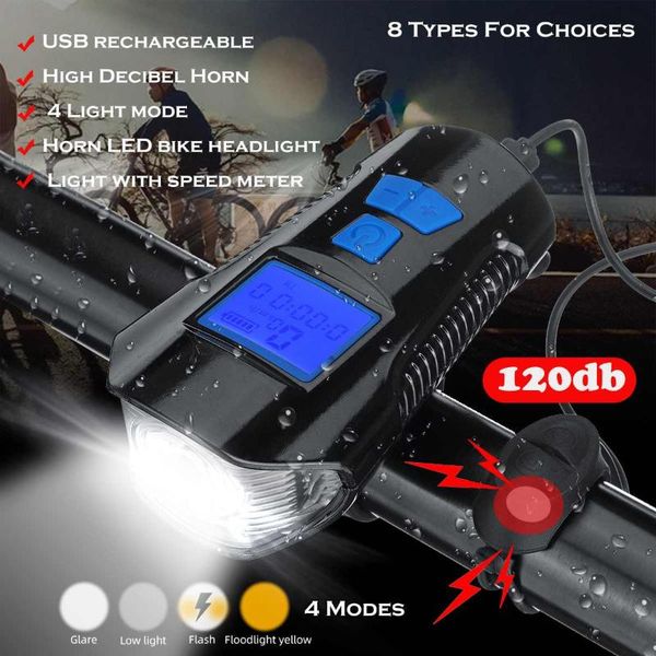 

bike lights upgraded bicycle ring bell light led headlight 4 modes rechargeable battery horn lamp waterproof