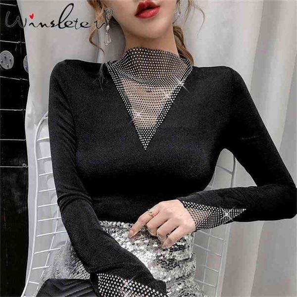 

spring autumn diamonds t-shirt fashion shiny european clothes ropa mujer bottoming shirt tees new t03104 210324, White