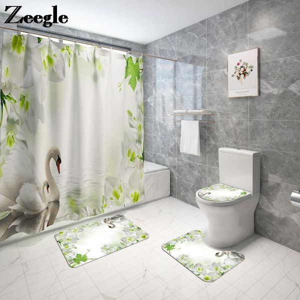 

swan printing bath mat shower room decor carpet for bathroom toilet non slip absorbent foot rug set machine washable mats