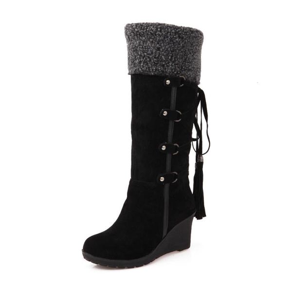 

boots 2021 snow women winter shoes warm cotton cold knee high ladies wedge heels 7cm plus size, Black
