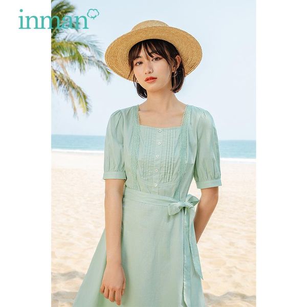

party dresses inman summer beach dress women pastoral holiday fresh style bow-knot belt jacquard square collar short puff sleeve one-piece, White;black