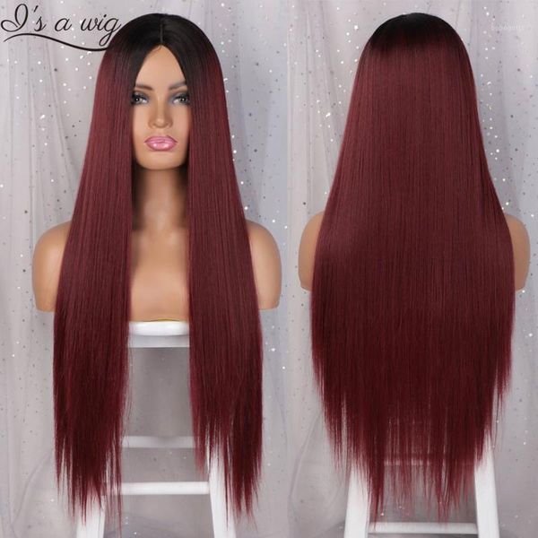

i's a wig ombre red straight long synthetic wigs for women black natural middle part heat resistant fiber hair1