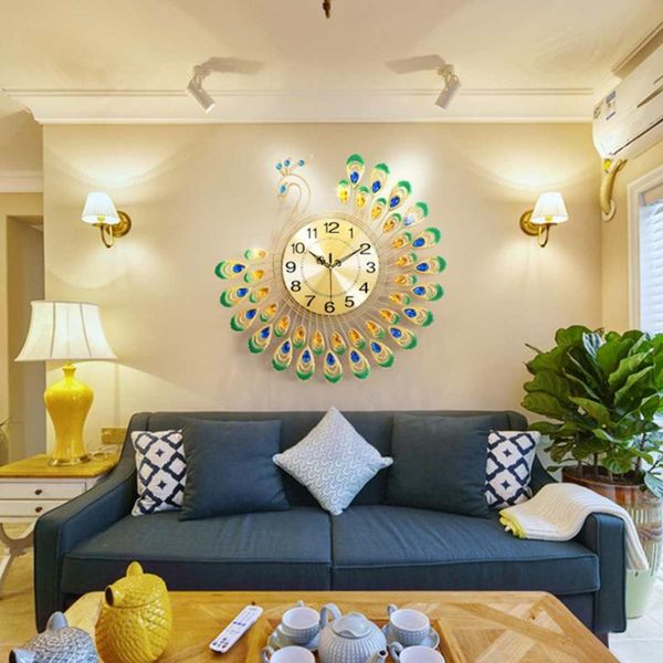 

decorative wall clocks crafts 3d gold diamond peacock clock metal watch for home room office decor ornaments 38x38cm