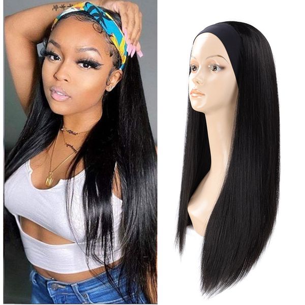 

long straight headband wigs heat resistant synthetic hair wig 24inches machine made wig for women cosplay daily wig fashion iconfactory dire, Black
