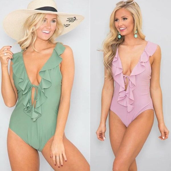 

women one-piece deep v-neck ruffle swimsuit lady girls bandage push-up swimwear swimsuits bathing suit brazilian suits