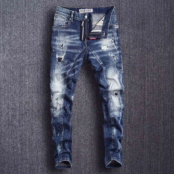 

men's jeans italian style fashion slim fit spliced designer ripped punk pants destroyed hip hop p1m0, Blue