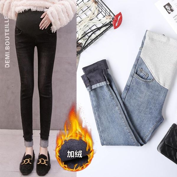

pregnant women plus velvet jeans winter women's feet pants thickened warmth fashion stretch maternity bottoms, White