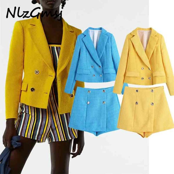 

suit women fashion plaid texture tweed casual blazer+shorts sets vintage double breasted woman 2 pieces set 04 210628, White