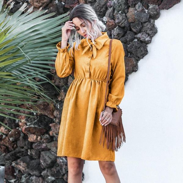 

casual dresses women elegant corduroy mini dress vintage bow turn-down collar butterfly sleeve leisure short solid a-line lady, Black;gray