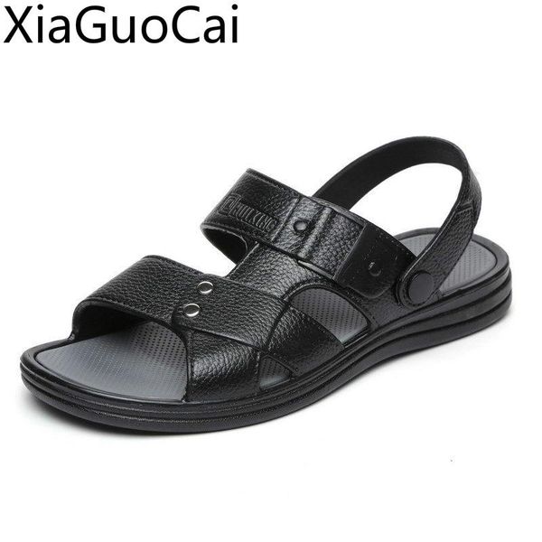 

sandals summer classic mens casual rubber slip on sewing male flat soft leather, Black